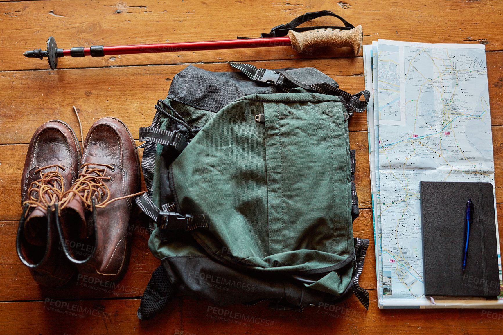 Buy stock photo Shot of hiking gear arranged on a table