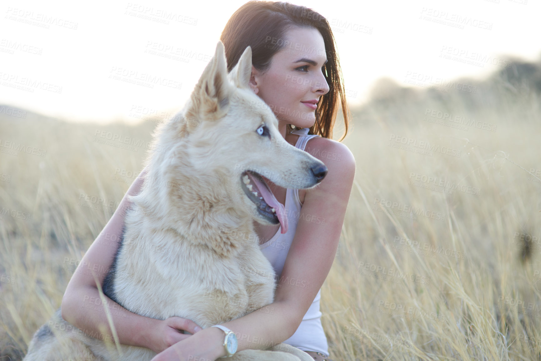 Buy stock photo Nature, hug and woman with dog in field for travel, adventure and behaviour training while bonding in countryside together. Puppy, love or girl with pet Husky in a park with care, support and trust