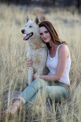 Buy stock photo Nature, portrait or woman hug dog in field for travel, adventure or behaviour training while bonding in countryside together. Puppy, love or girl with pet Husky in a park with care, support and trust