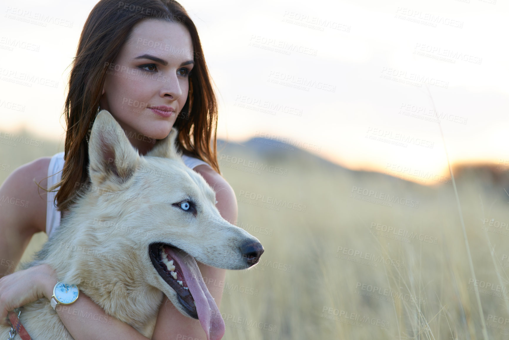 Buy stock photo Woman, dog and hug with care, field and thinking with bonding, mock up space and adventure in summer. Girl, person and relax with husky, pet animal and sunset with trust on holiday in countryside