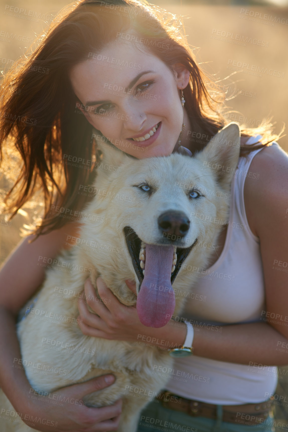 Buy stock photo Woman, dog and hug in portrait, park and care with bonding, connection and adventure in summer. Girl, person and relax outdoor with husky, pet animal and embrace with trust on holiday in countryside