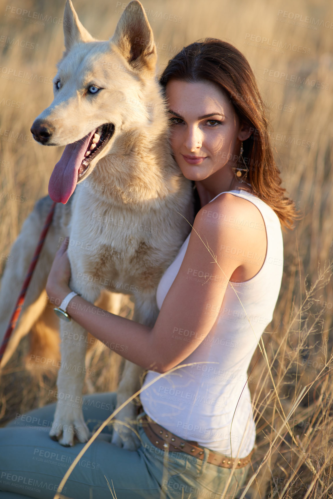 Buy stock photo Woman, dog and hug in portrait, outdoor and care with bonding, connection or love on adventure in summer. Girl, person and relax with husky, pet animal or embrace with trust on holiday in countryside