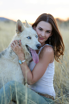 Buy stock photo Woman, dog and embrace in portrait, field and care with bonding, connection and adventure in summer. Girl, person and relax outdoor with husky, pet animal and hug with trust on holiday in countryside