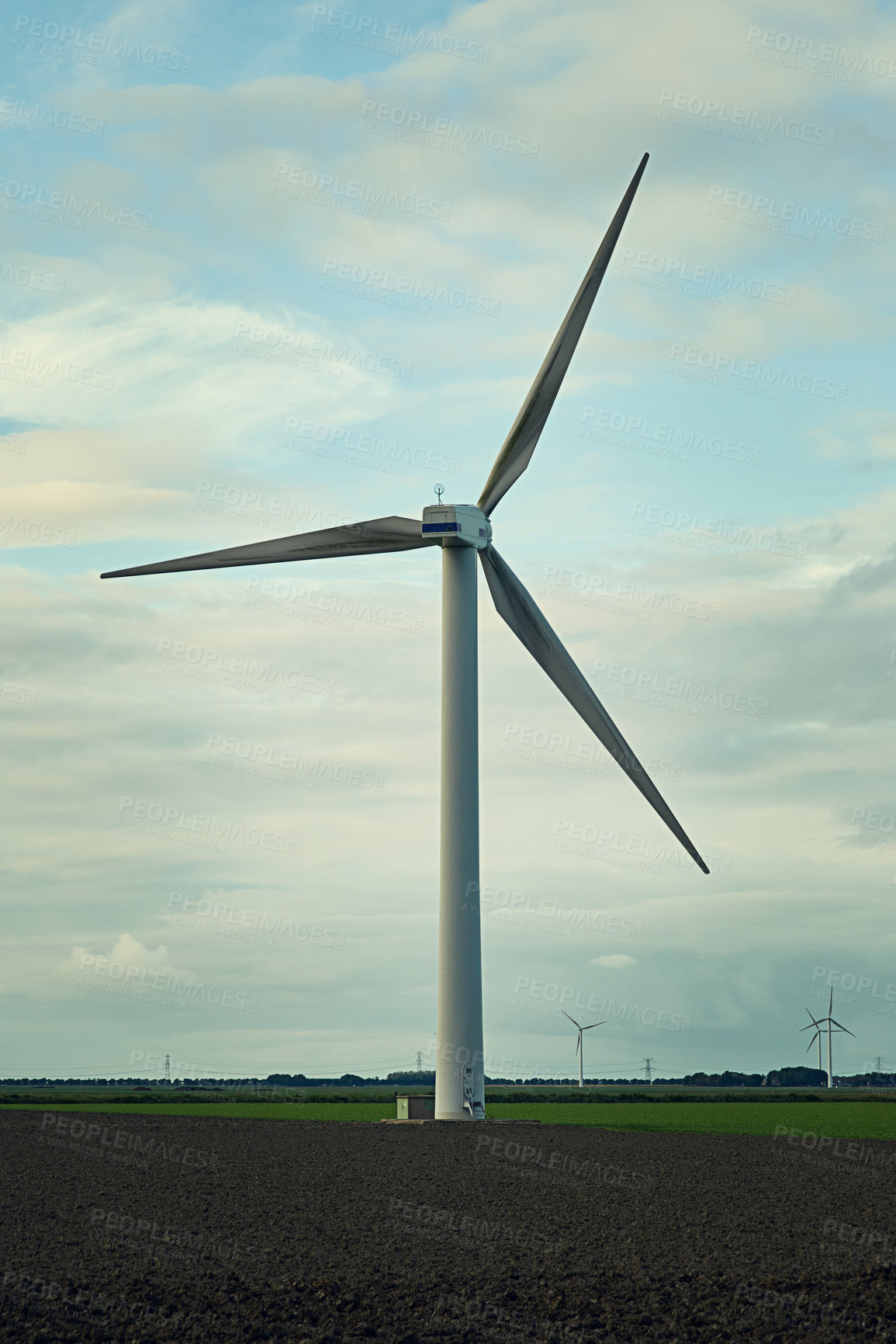 Buy stock photo Wind turbine, sky and electricity system with connectivity, technology or industrial grid maintenance. Renewable energy, windmill and steel infrastructure for power, electrical circuit and production