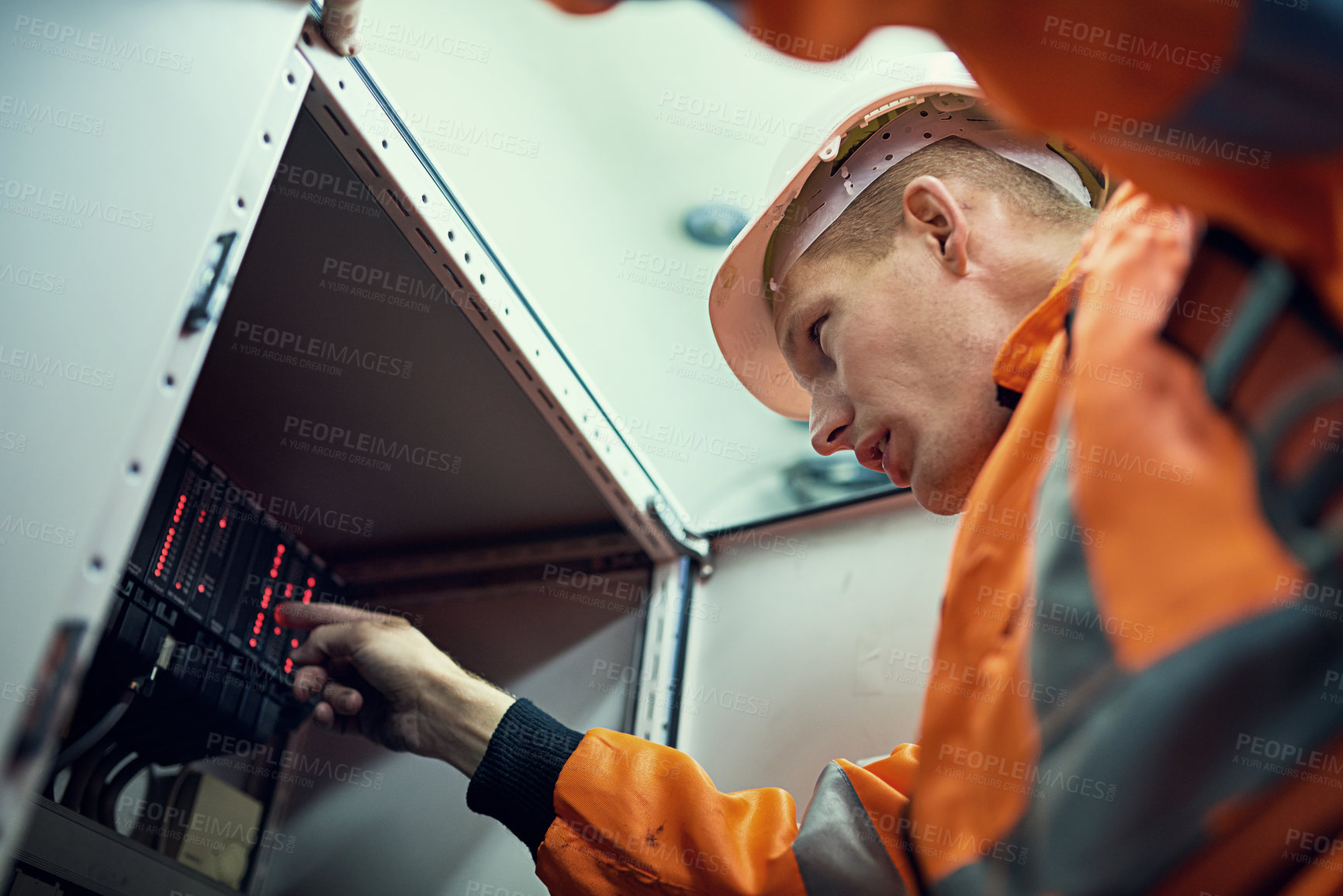 Buy stock photo Power, panel and man in electricity maintenance for industrial grid for system inspection. Renewable energy, engineering contractor or technician with safety, electrical circuit and quality assurance