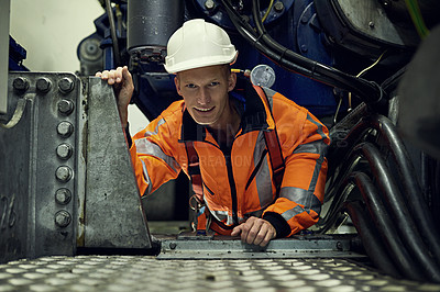 Buy stock photo Portrait of a young engineer at work while wearing safety gear