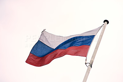 Buy stock photo Russian, flag and sky for country symbol and patriotic, wind and culture on pole. Politics, war or government for crime and conflict in warzone, change and justice or peace for Soviet Union or Moscow