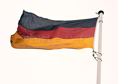 Buy stock photo Sky, wind and flag of Germany on pole for country, government and national banner of identity. Material, color and state fabric with wave for republic representation, politics and symbol of democracy