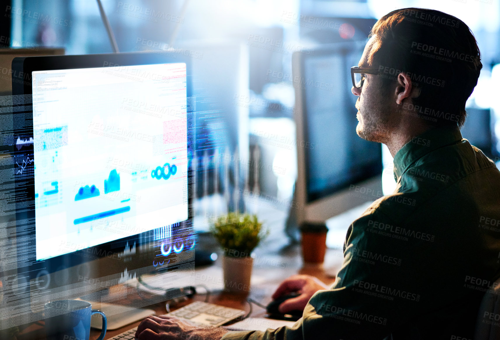 Buy stock photo Cropped shot of a male computer programmer working on new code