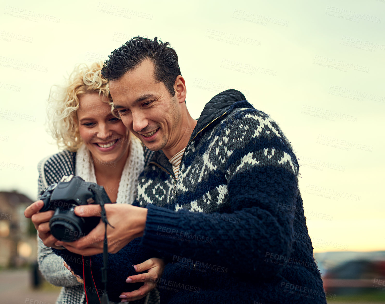 Buy stock photo Camera, travel and vacation with couple outdoor together for memory, photograph or trip abroad. Happy, love or smile with man and woman in foreign city for getaway, holiday or tourism overseas