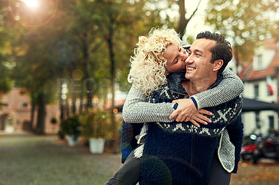 Buy stock photo Kiss, love and couple outdoor with piggyback for travel adventure or holiday and journey abroad for honeymoon. Man, woman and hug together in urban park with support for romantic vacation in Rome