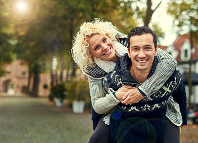 Buy stock photo Portrait, love and couple in park with piggyback for travel adventure or urban tour and journey abroad for honeymoon. Man, woman and hug together with support for romantic vacation holiday in Rome