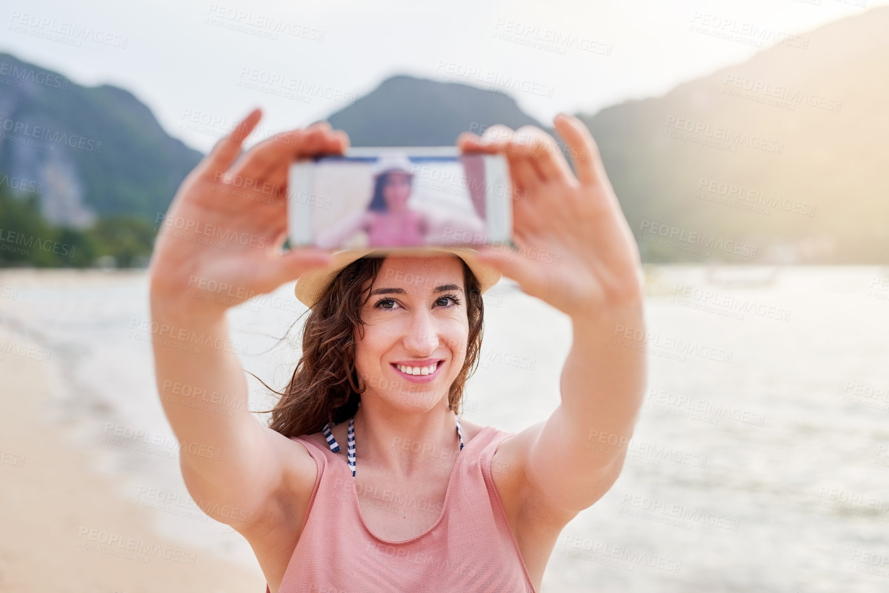 Buy stock photo Smile, selfie and woman by beach on vacation, travel or holiday on tropical island for summer. Happy, tourism and female person with photography picture by ocean on seaside weekend trip in Mexico.