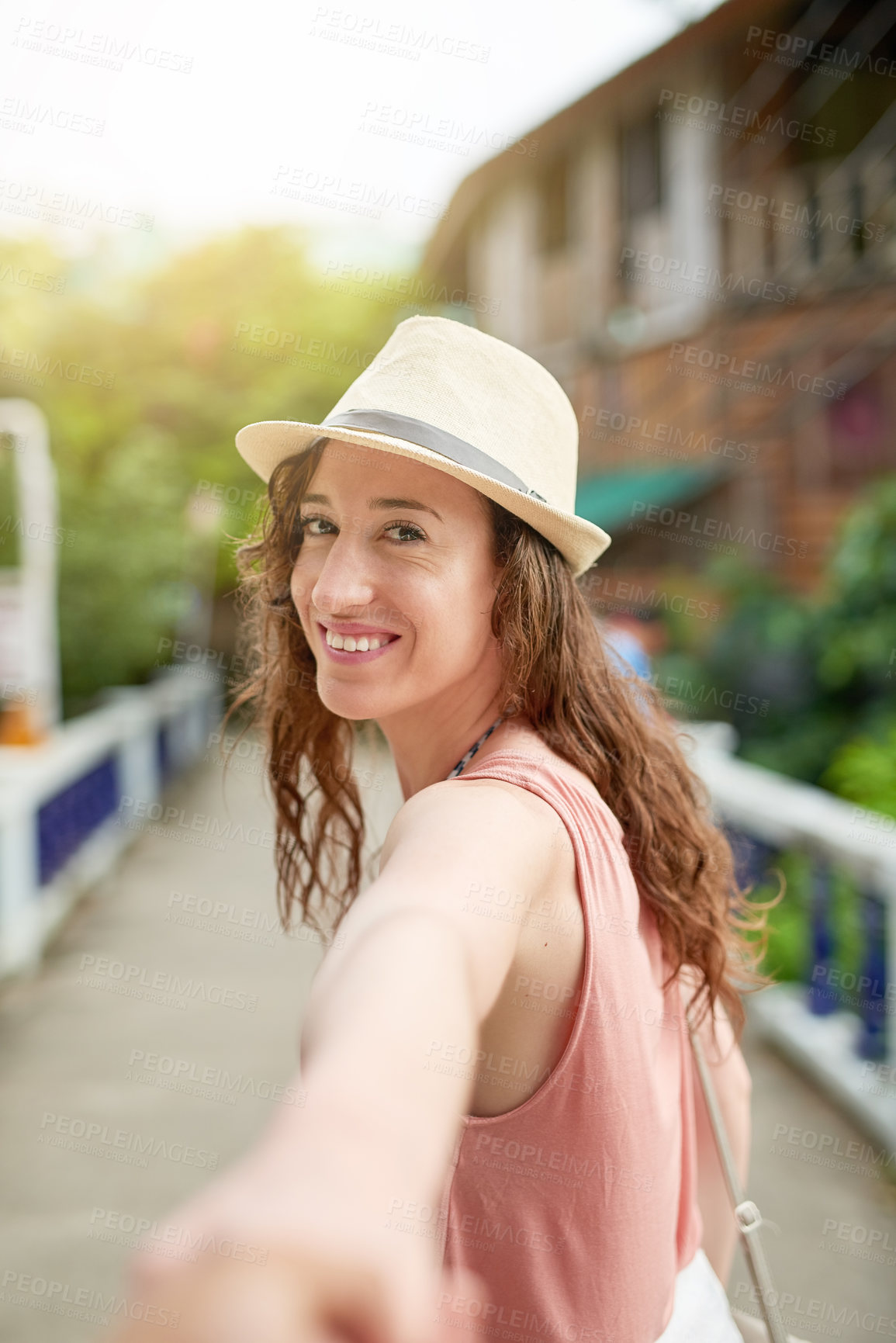 Buy stock photo Portrait, travel and woman holding hands with pov for adventure, summer holiday or journey with freedom. Love, walk and happy person leading the way outdoor for date, vacation or tourist in Germany