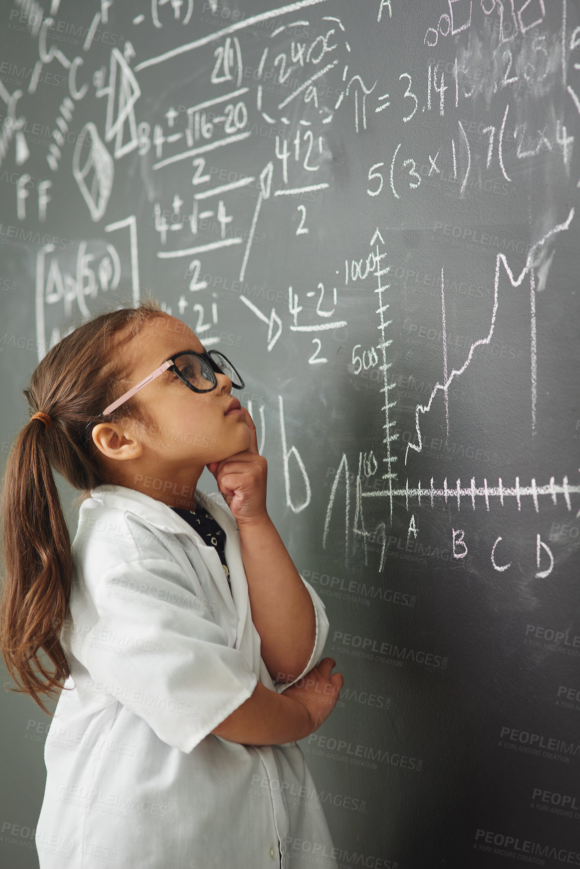 Buy stock photo Thinking, preschooler and classroom with blackboard, genius and learning in education for childhood development. Girl, ideas and tuition for growth, reading and maths for knowledge, assessment as kid