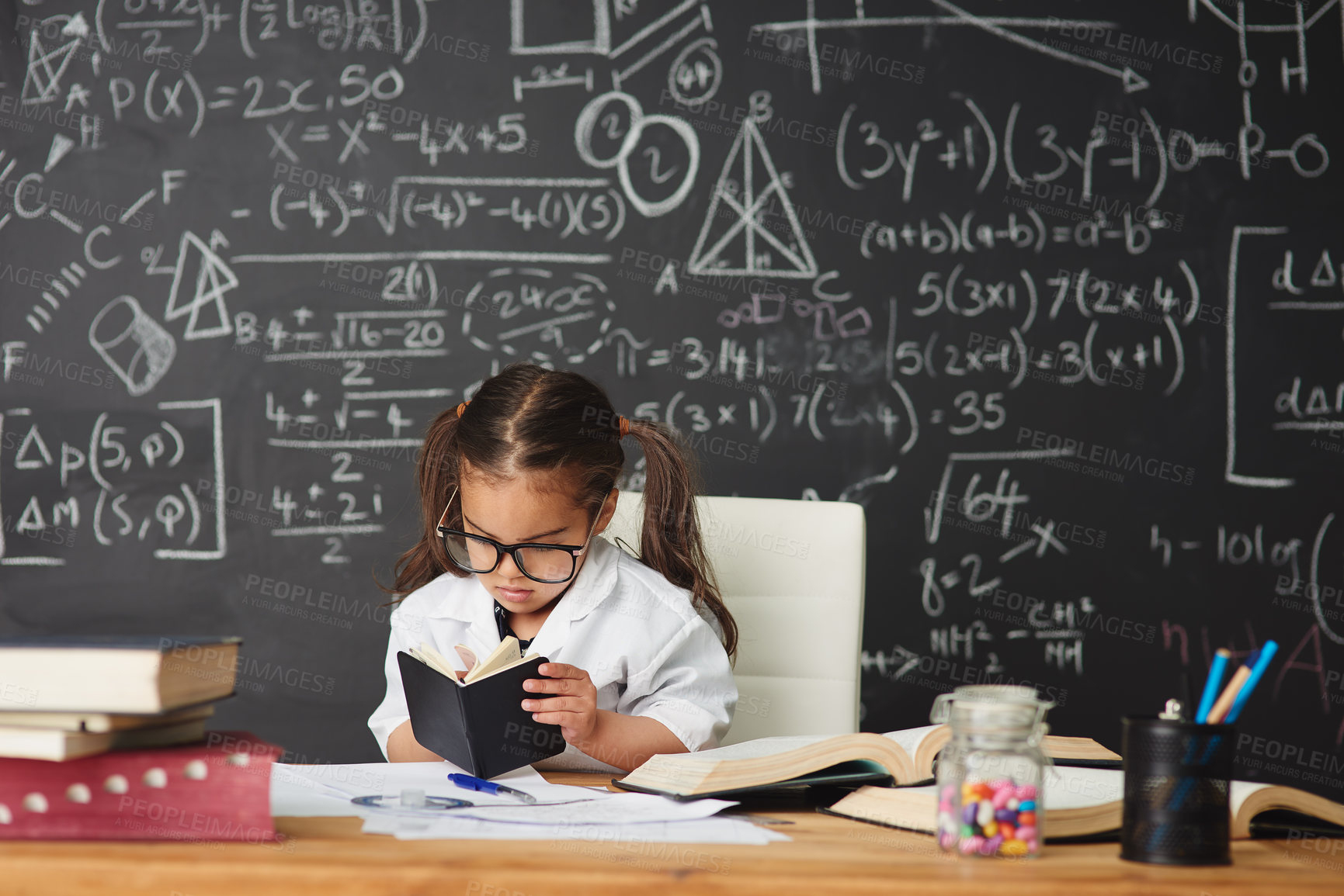 Buy stock photo Student, writing and girl in classroom, books and knowledge with science, education and intelligent. Person, kid and child development with ideas, learning and glasses with paper, school and studying