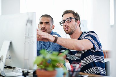 Buy stock photo Sustainable, ideas and men at computer with creative advice for design project partnership at digital agency. Teamwork, planning and business people consulting for support in web development office