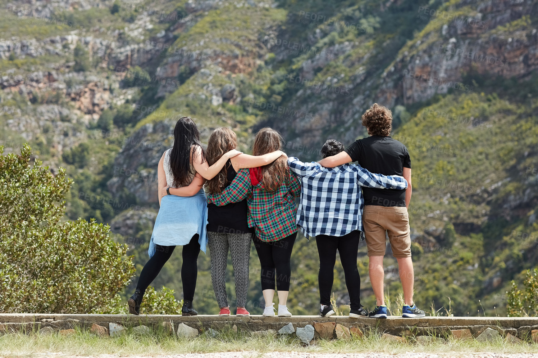 Buy stock photo Rear view, group and friends in nature for adventure, road trip and travel with diversity and happiness. men, women and gen z people for hiking, mountains and exercise with foreign exchange students 