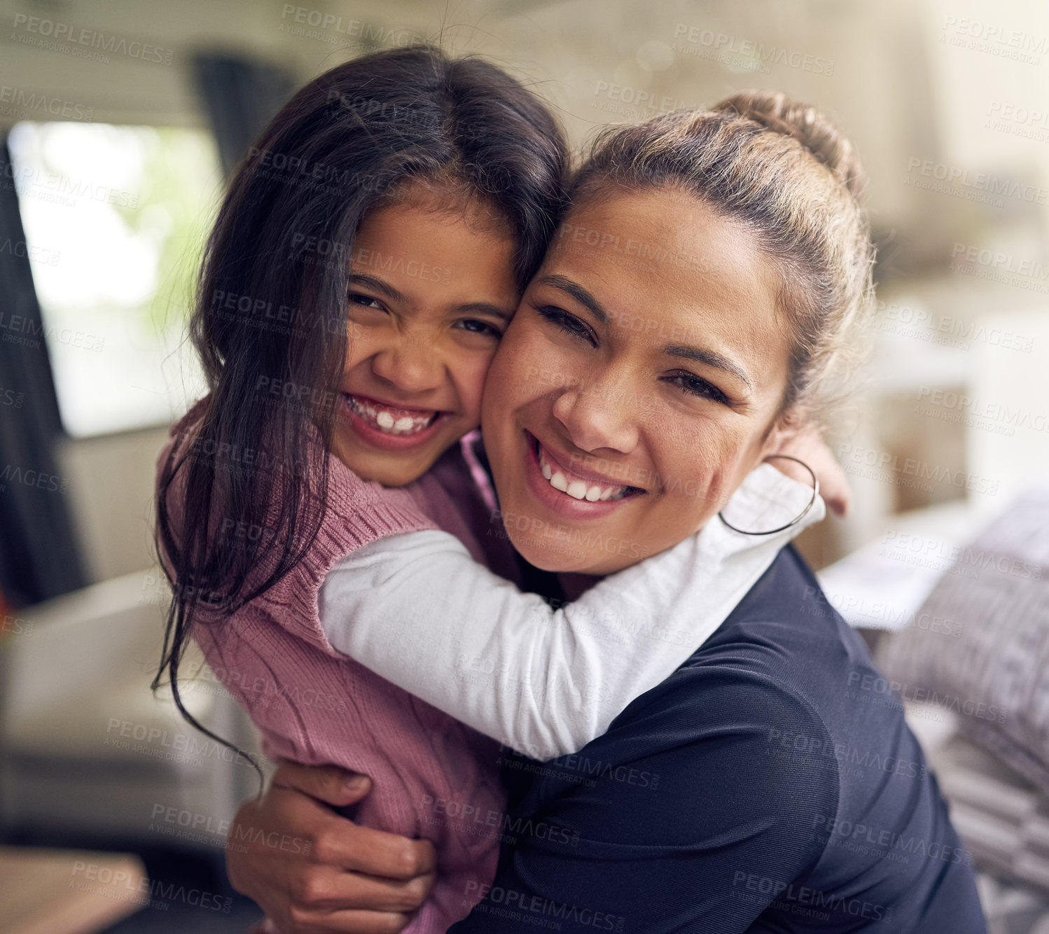 Buy stock photo Portrait of a mother and daughter bonding together at home