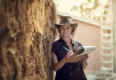 Buy stock photo Women, clipboard and portrait on farm for inspection schedule, planning and review. Female farmer, working and notes or leaning on tree for agriculture business, sustainable farming for planet earth