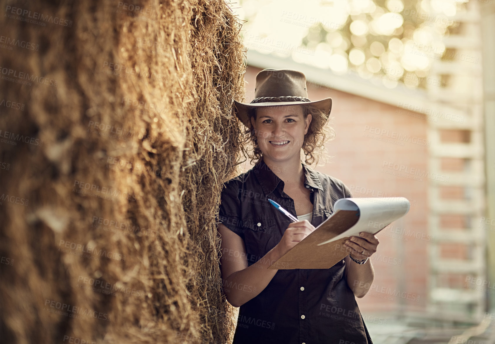 Buy stock photo Women, clipboard and portrait on farm for inspection schedule, planning and review. Female farmer, working and notes or leaning on tree for agriculture business, sustainable farming for planet earth