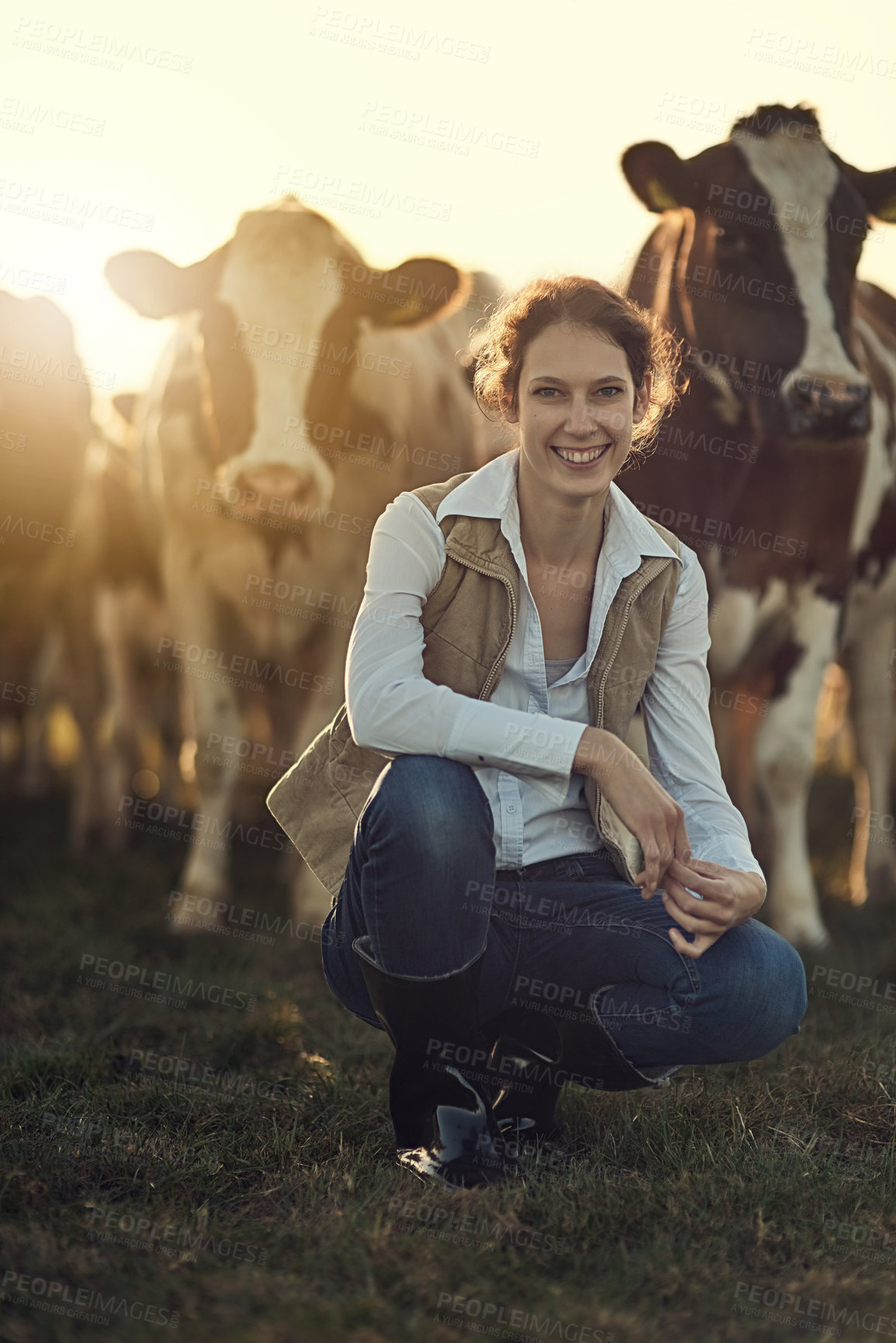 Buy stock photo Portrait of a happy female farmer posing in front of her herd of cattle