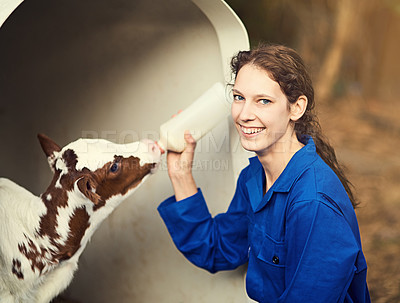 Buy stock photo Portrait, woman and milk in bottle for calf, feeding and smile for baby, drink and food of animal. Outdoor, healthy and female farmer with nutrition for cattle, happy and person in barn and livestock