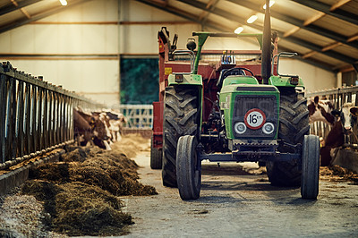 Buy stock photo Farm, machine and old tractor in barn with dirt, rust and dust in storage warehouse on land. Vintage, retro and plow truck in abandoned factory shed or tools for farming production or agriculture