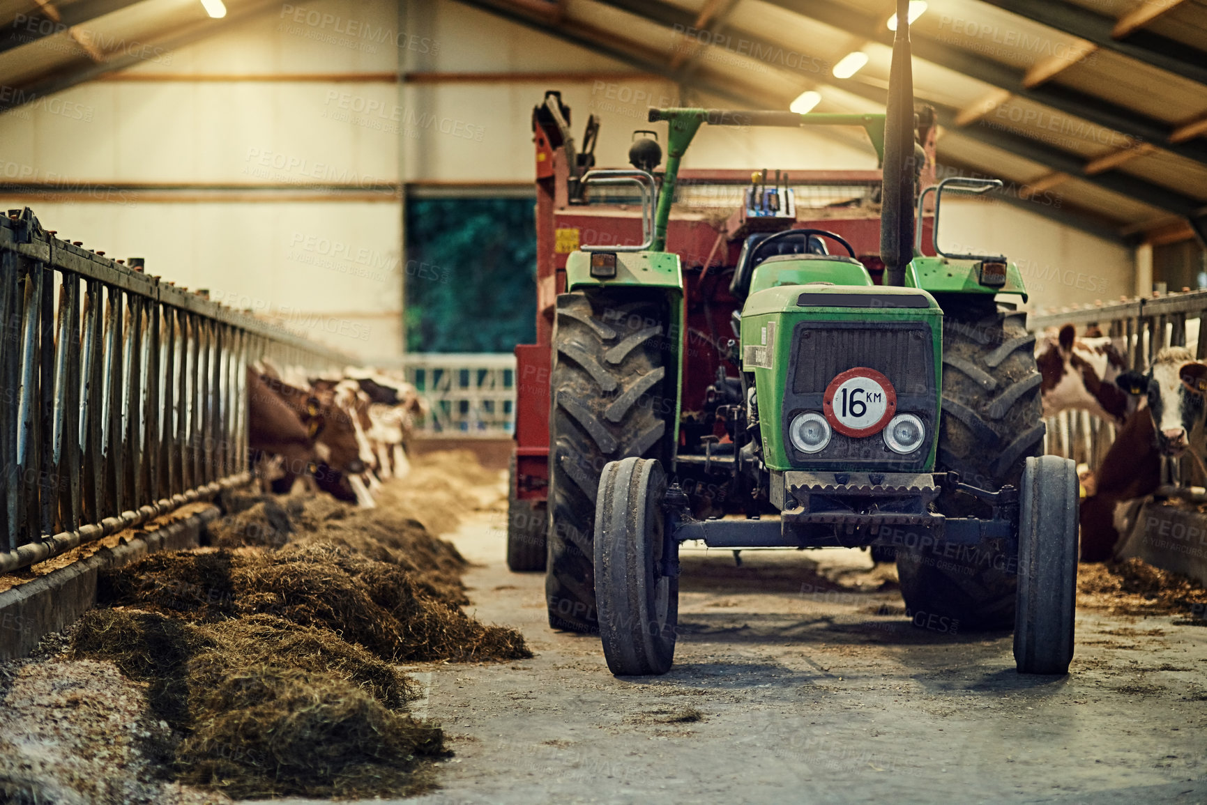 Buy stock photo Farm, machine and old tractor in barn with dirt, rust and dust in storage warehouse on land. Vintage, retro and plow truck in abandoned factory shed or tools for farming production or agriculture