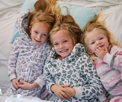 Buy stock photo Portrait, children and sisters in bedroom for love, family and together in home on weekend. Smile, girls and siblings at night for relax, sleeping and happiness in winter for holiday in Europe 