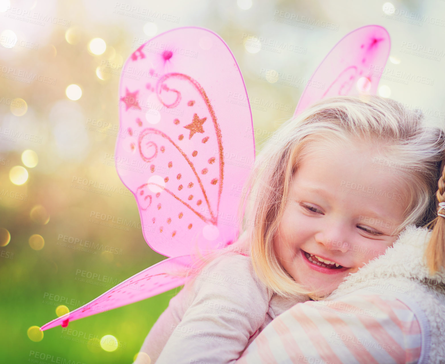 Buy stock photo Girl, happy and fairy with wings for princess fantasy, magic and cartoon character or fairytale at park. Child, smile and pixie clothes for birthday, party and children game in garden with bokeh