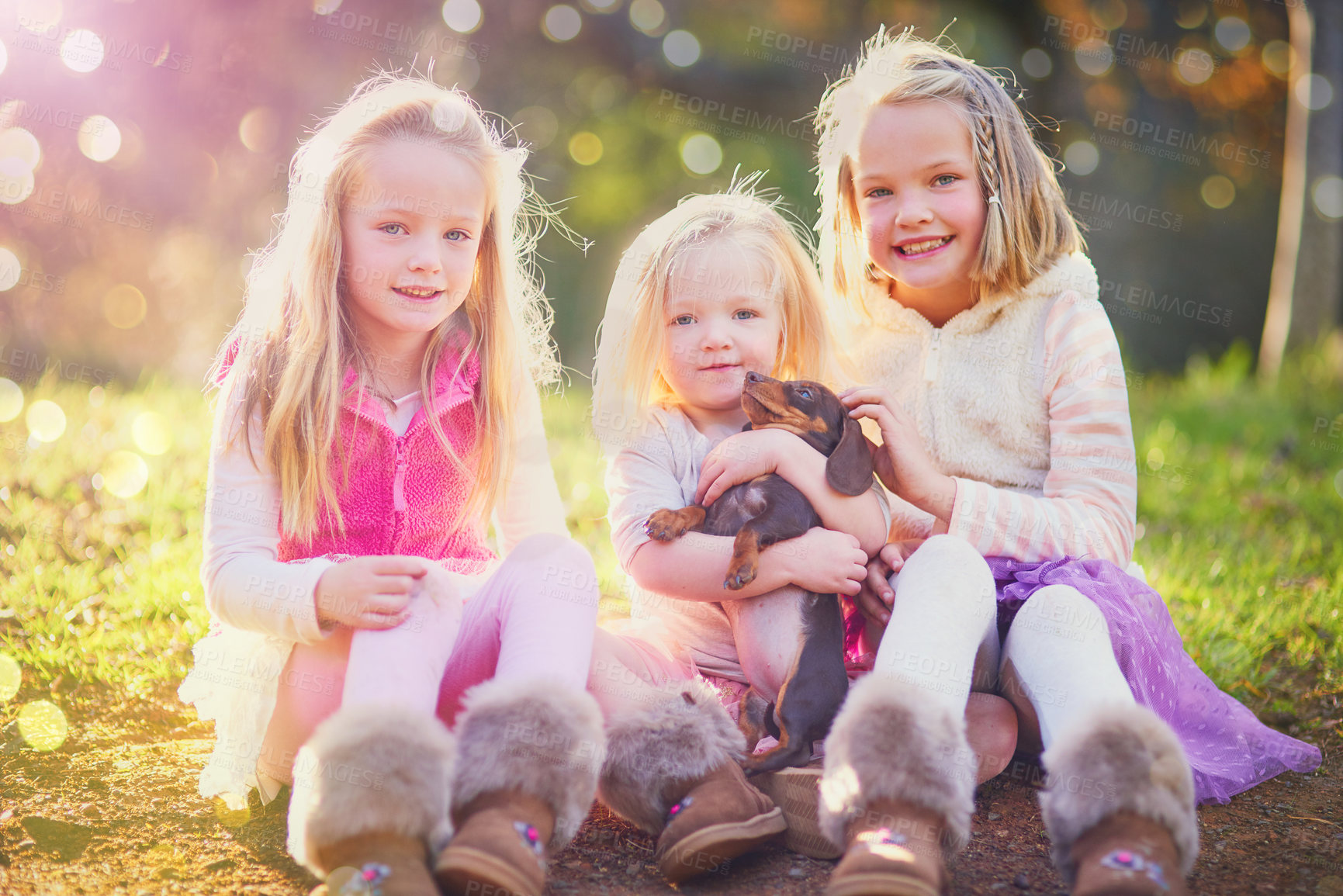 Buy stock photo Portrait, outdoor and siblings with toddler, puppy and adorable in park, love and care for animal. Nature, little girls and children with pet, relax and embrace of dog, grass and together on ground