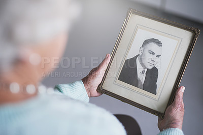 Buy stock photo Old woman, hands and husband photograph in nursing home for history, remember or nostalgia top view. Vintage, photography and senior widow in retirement house with picture, memory or past reflection