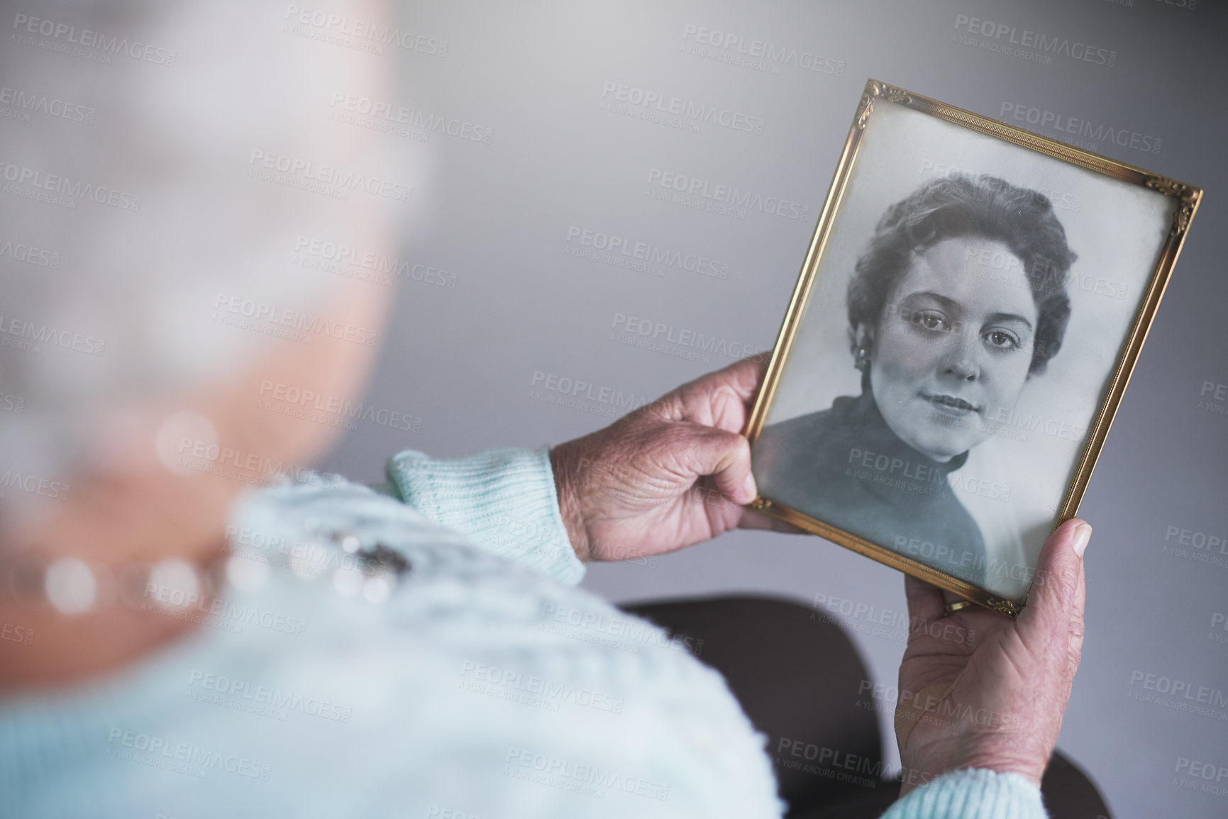 Buy stock photo Senior woman, hands and photograph in nursing home for history, remember or nostalgia top view. Vintage, photography and elderly person in retirement house with picture, memory or past reflection