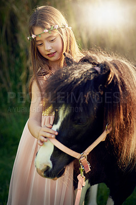 Buy stock photo Shot of a cute little girl playing with her pony outside