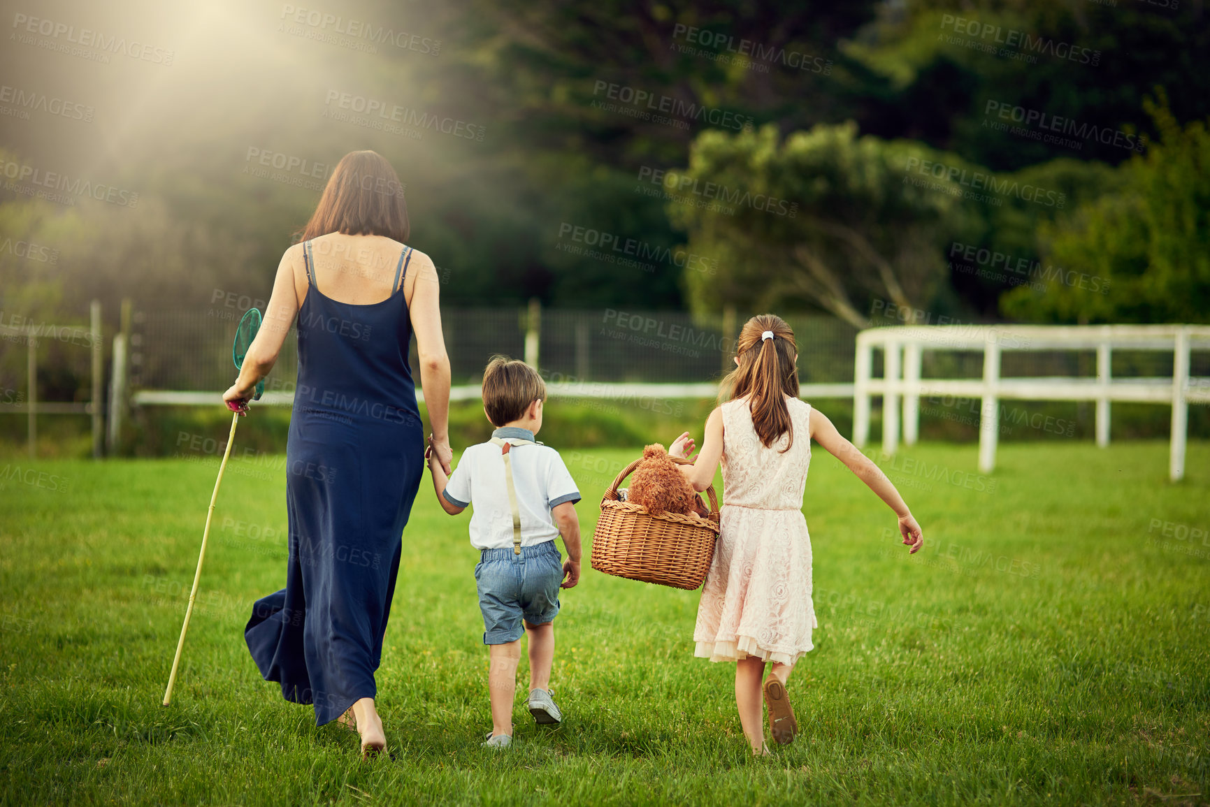 Buy stock photo Rearview shot of a mother and her two young children walking across a field on a sunny day