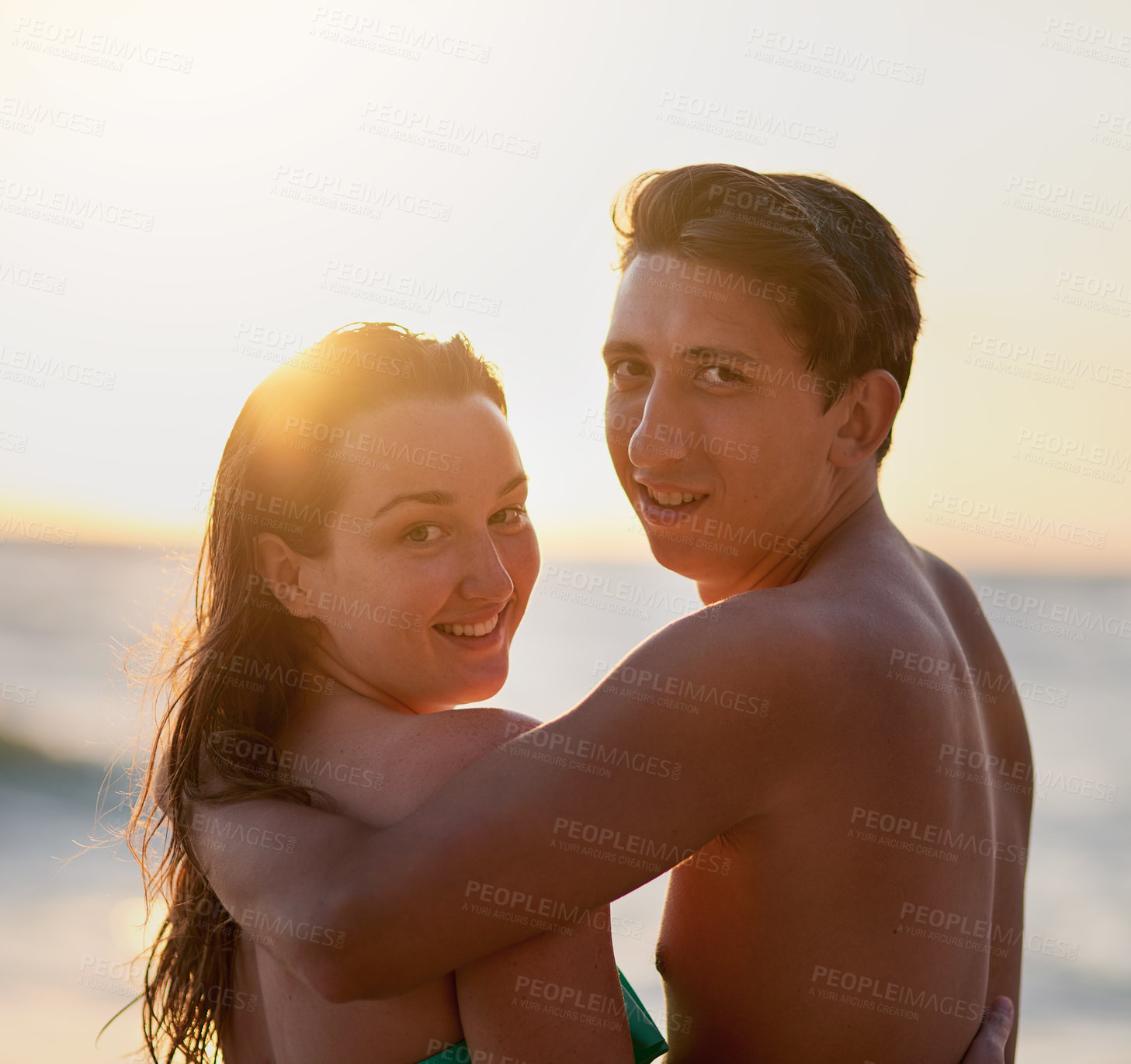 Buy stock photo Couple, hug and portrait on beach for vacation or tropical adventure, romantic getaway and journey for luxury affection. Man, woman and together by ocean with love on holiday in Australia with care