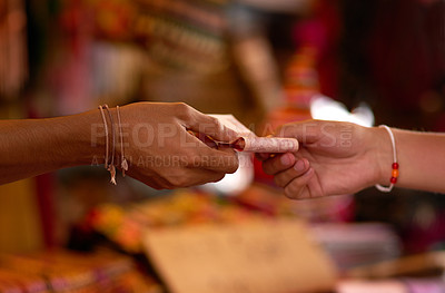 Buy stock photo Cropped shot of two hands exchanging cash at a store