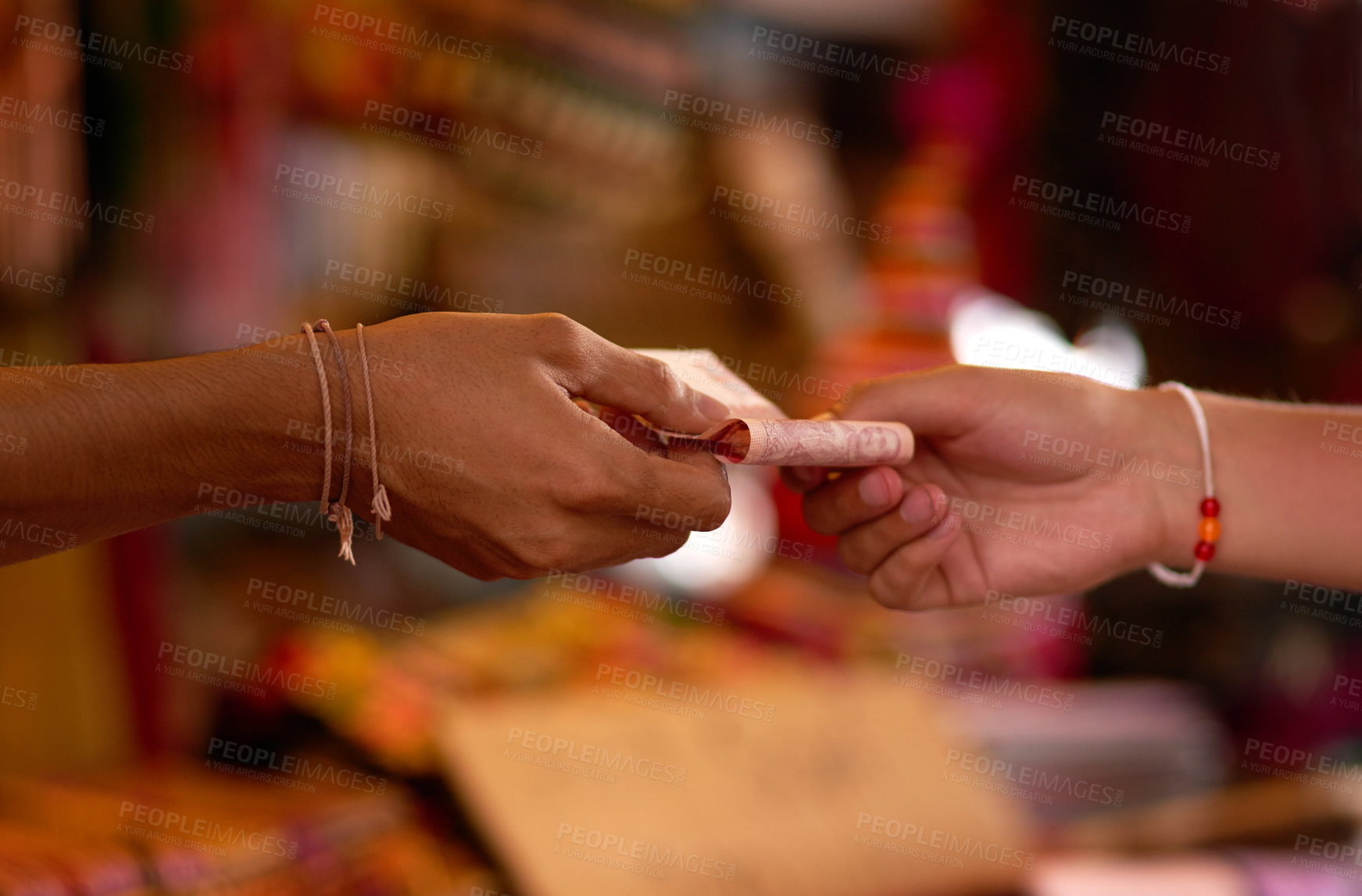 Buy stock photo Cropped shot of two hands exchanging cash at a store
