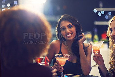 Buy stock photo Relax, group and friends with cocktails, nightclub and happiness at a party, event and celebration. Female people, women and girls with drinks, mocktails and alcohol with fun and social gathering