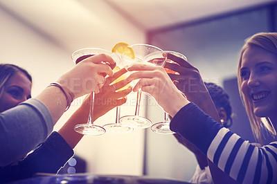 Buy stock photo Cocktail, toast and women with club celebration, smile or happy hour with bonding drinks. Friends, night and crowd with glass cheers for mojito, party or birthday reunion at a restaurant disco event