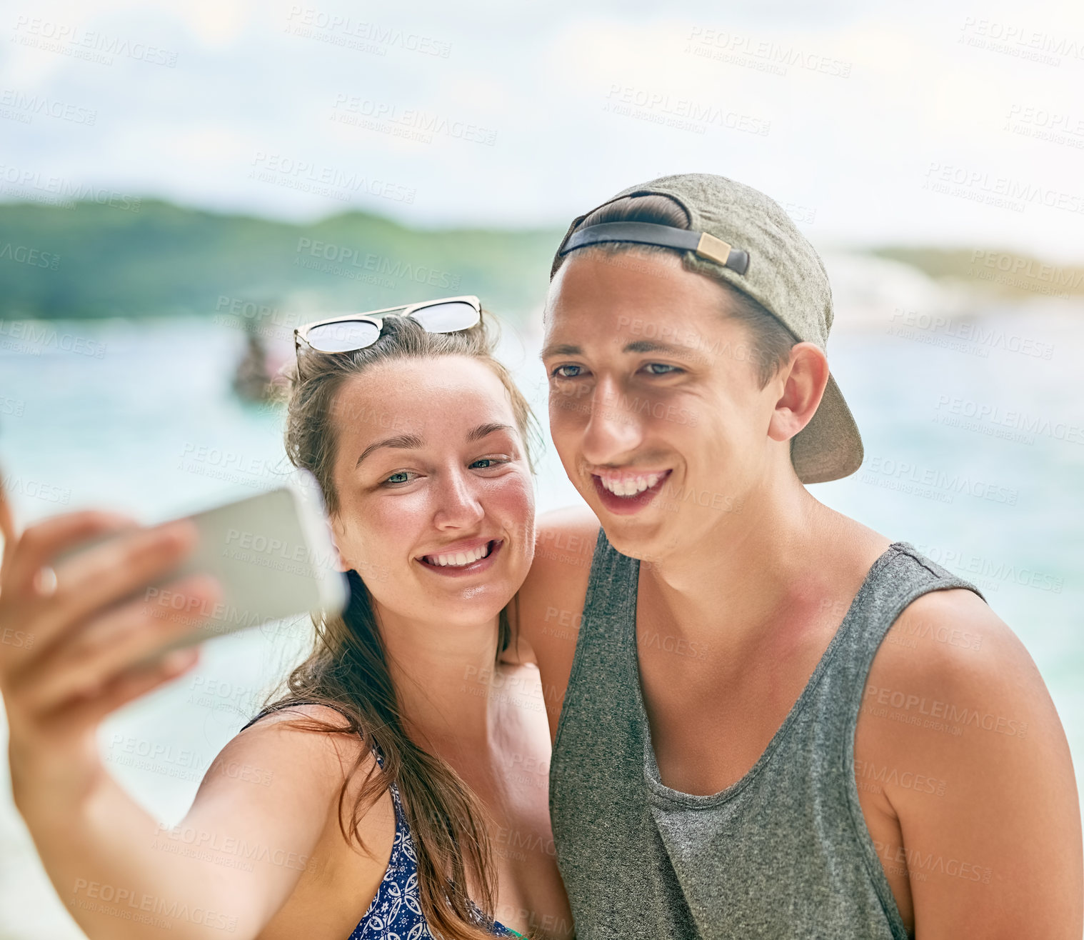 Buy stock photo Love, selfie and smile with couple on beach together for holiday, travel or vacation in summer. Face, memory or photograph with happy man and woman on coast by ocean or sea for weekend getaway