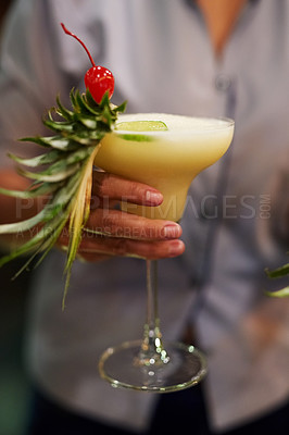 Buy stock photo Cropped shot of an unrecognizable waitress serving drinks