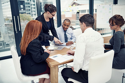 Buy stock photo Planning, tablet and mentor with business people in meeting for partnership, data analytics and company revenue. Client feedback, admin stats and research with employees in office for teamwork