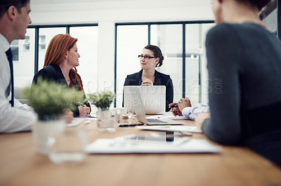 Buy stock photo Meeting, planning and business people with laptop in office for creative, collaboration and strategy discussion. Teamwork, brainstorming and designer team sharing goal, vision or design proposal plan