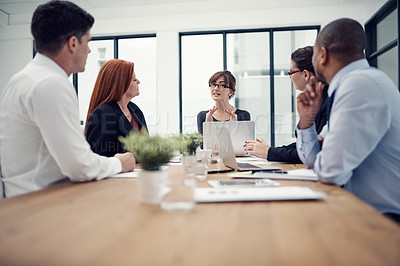 Buy stock photo Planning, laptop and mentor with business people in meeting for partnership, project proposal and company revenue. Client feedback, coaching and teamwork with employees in office for research