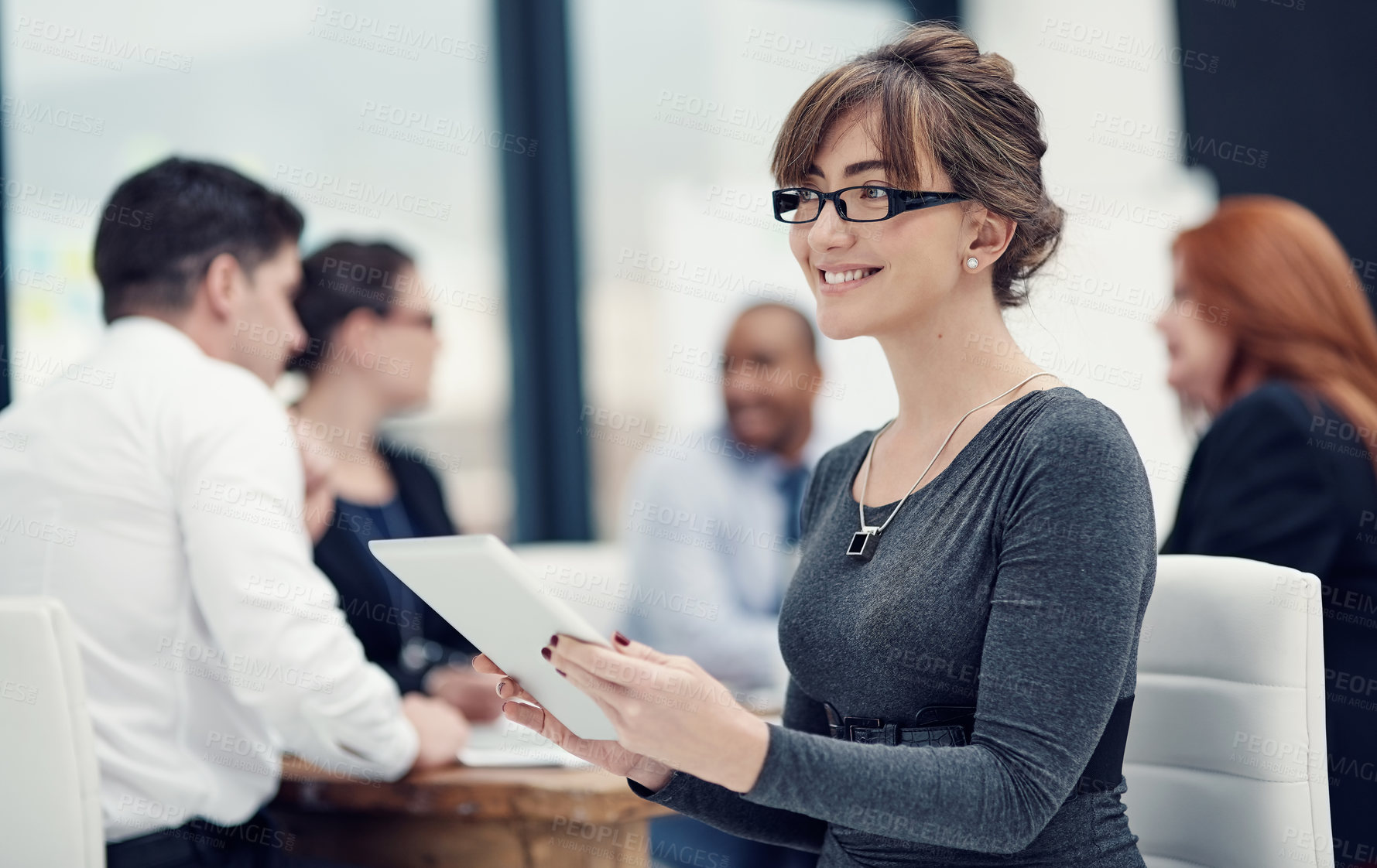 Buy stock photo Business woman, tablet and planning for meeting, network and connection in office for thinking. Happy, female person and idea on tech in communication as colleagues, coworking and project management