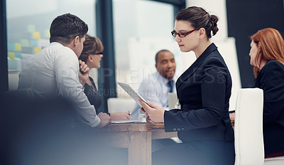 Buy stock photo Reading, tablet and meeting business woman in office for teamwork, agenda and schedule. Planning, research and project management with person in workshop for collaboration, digital report and email