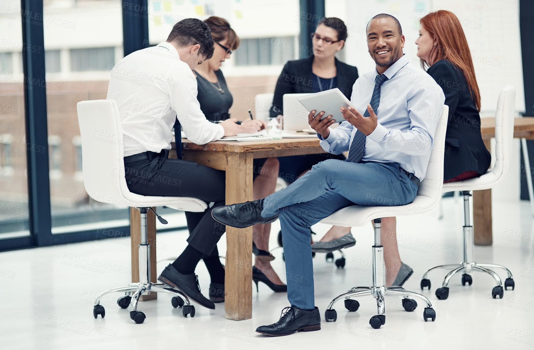 Buy stock photo Smile, tablet and meeting with business man in office for teamwork, agenda and schedule. Planning, research and project management with portrait of person for collaboration, digital report and email