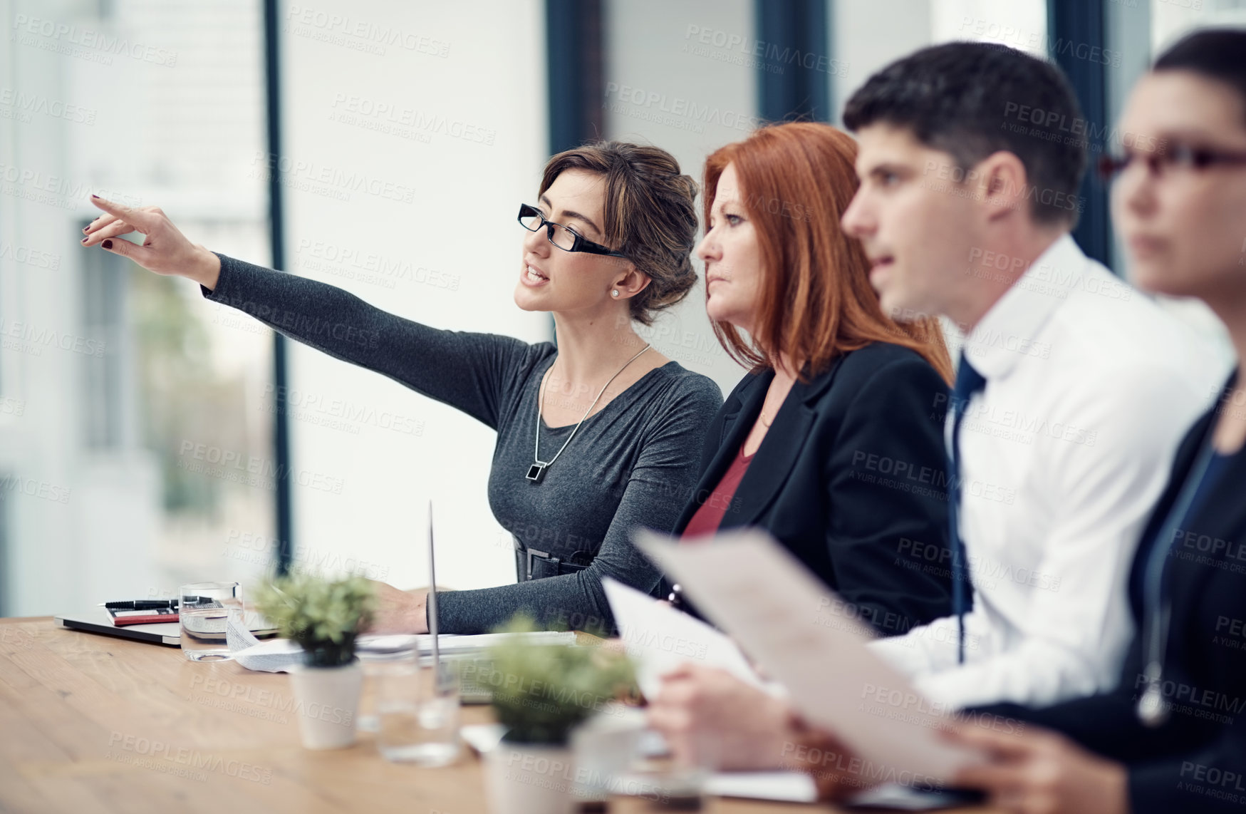 Buy stock photo Group, panel and seminar as teamwork in feedback, meeting and pointing as workshop or trade show. Business people, talk and presentation in office or company for audience, conversation and discussion